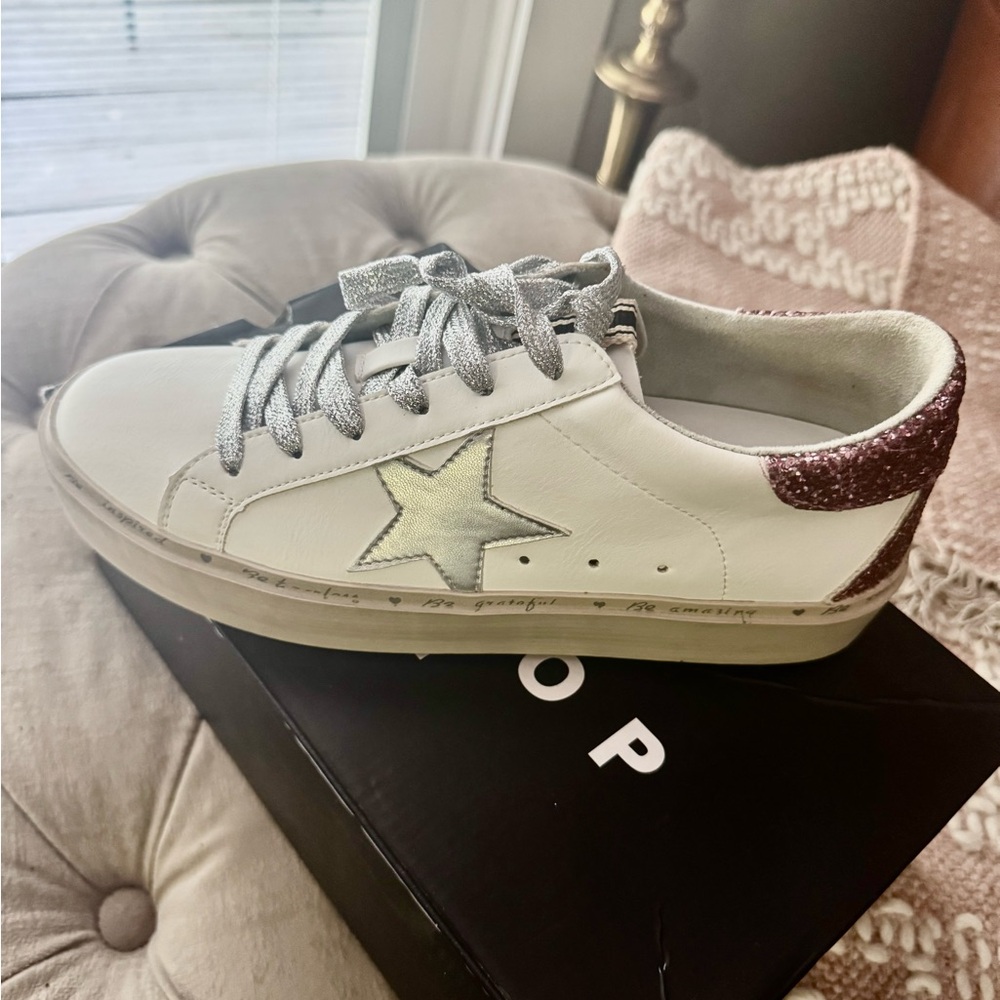 White and Gold Star Sneakers with Glitter Accents